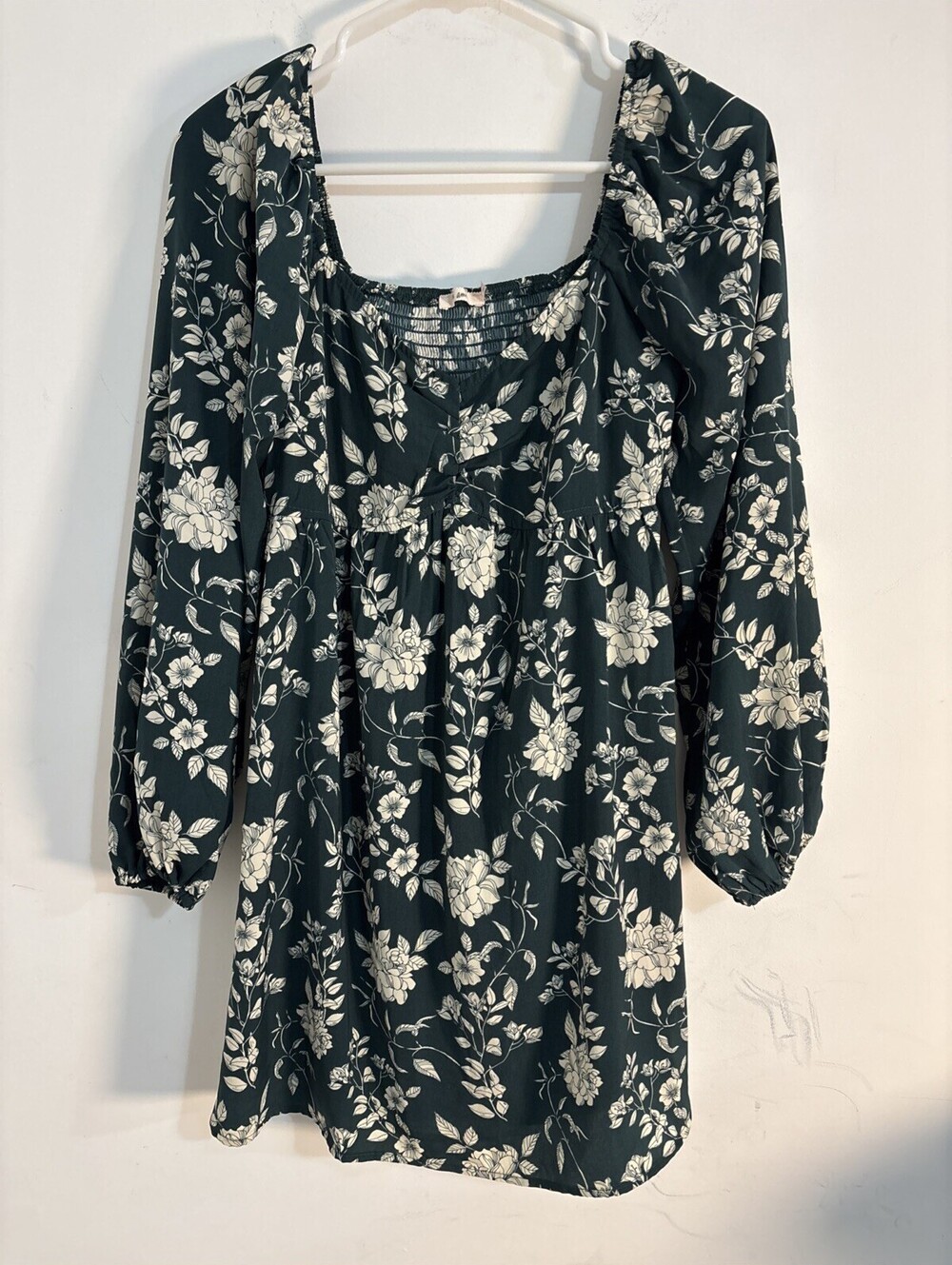 Mi ami Smoked Green Floral Babydoll Mini Dress Puff Sleeves NWOT